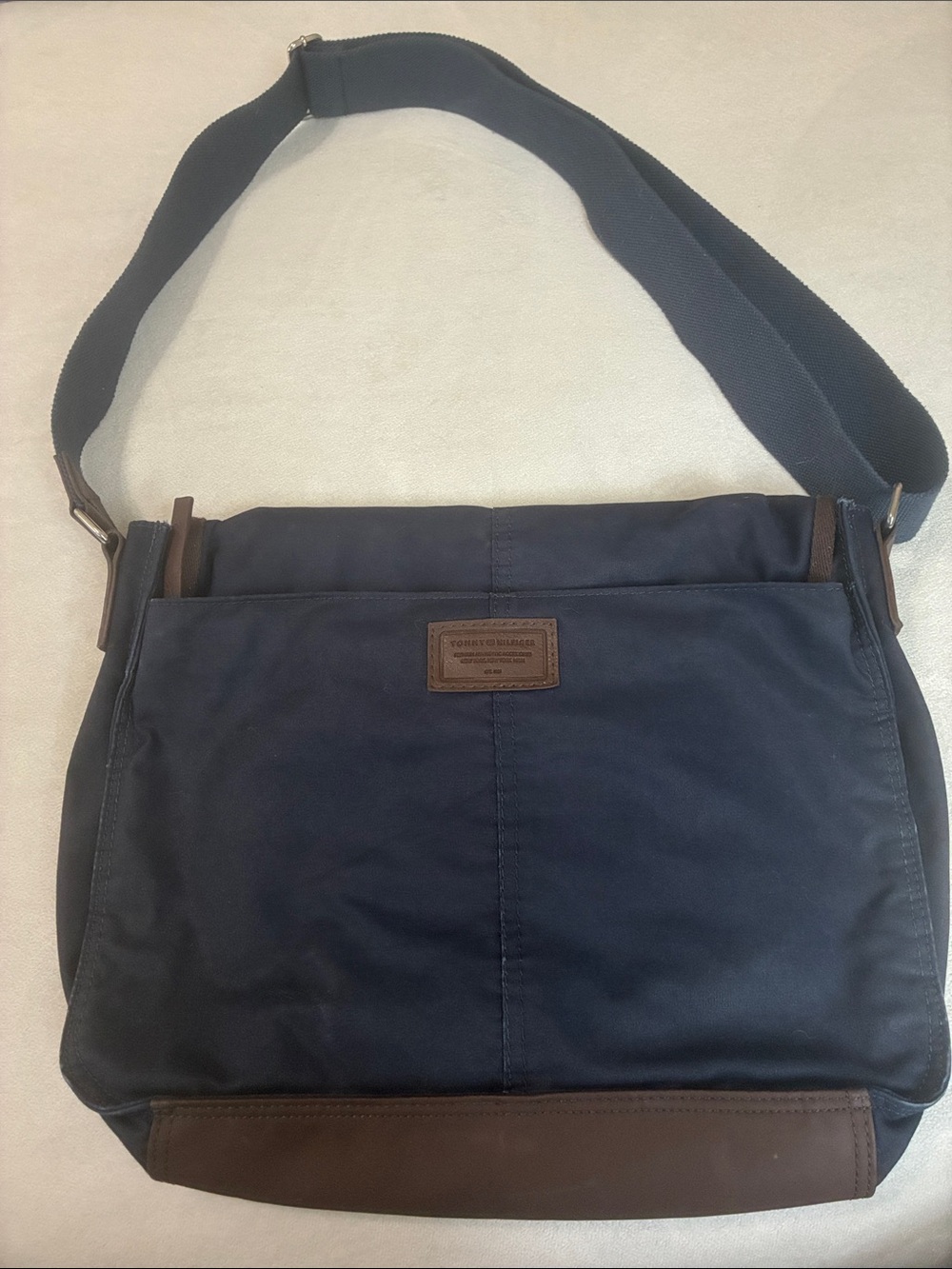Tommy Hilfiger Navy and Brown Canvas Messenger Bag